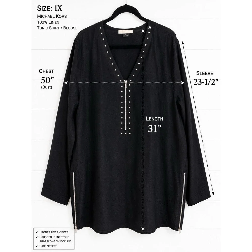 1X- Michael Kors Women's XL Black 100% Linen Rhinestone Zip Tunic Blouse